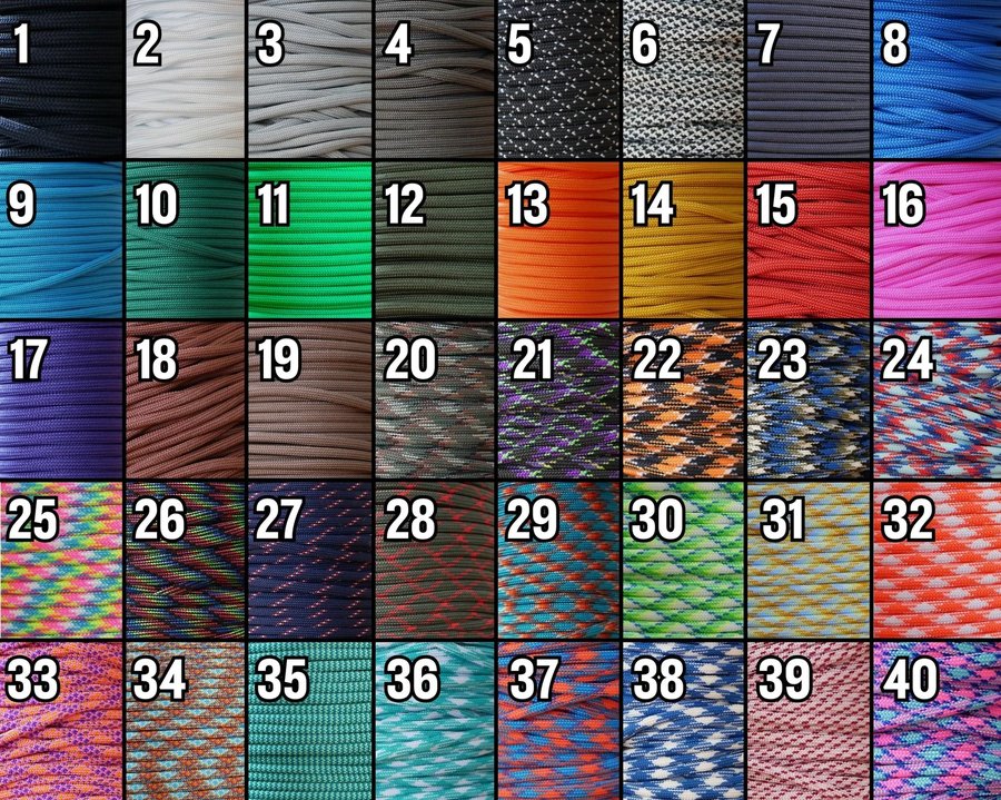 Chart showing over 40 available paracord colours, numbered 1 to 40